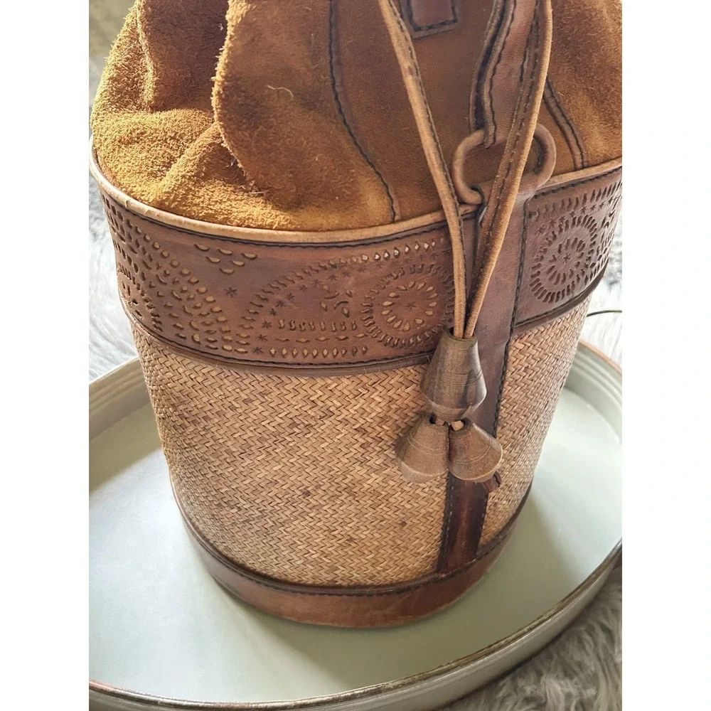 Vintage French Leather Trimmed Wicker‎ Bucket Bag Backpack